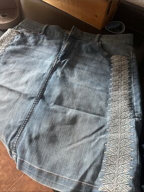 Westport Light Blue Denim A-Line Skirt with Embroidered Side Trim